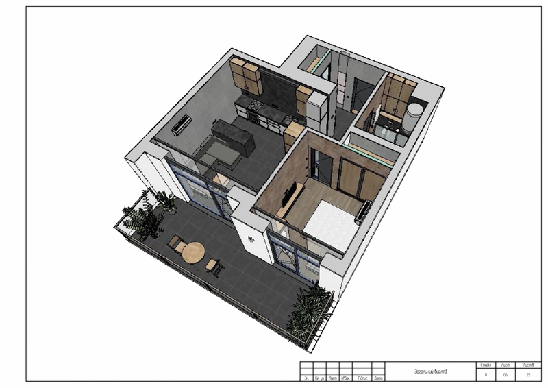 General view of the apartment, rear view, 3D